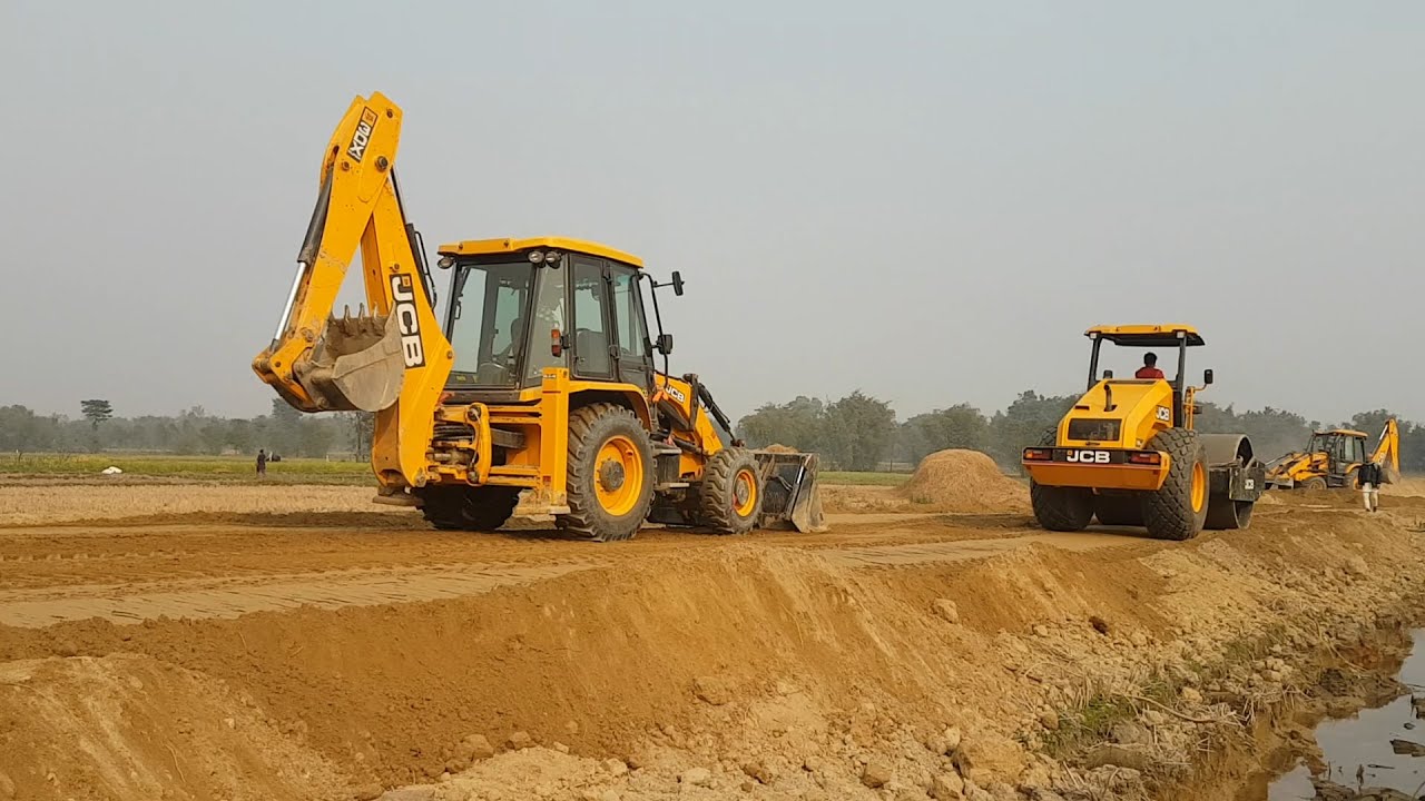 JCB Backhoe Machine Working For Village Road Construction - JCB Leveling Mud in Road - Part 2