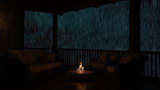 In a shadowy forest, a rain-soaked cabin glows softly with a comforting fireplace for study time.