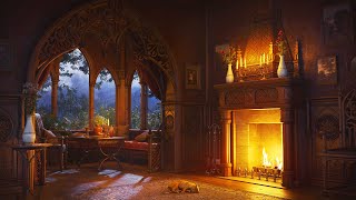 Cozy Rain & Fireplace Sounds | Deep Sleep, Study, Relax, Focus in the Medieval Nook