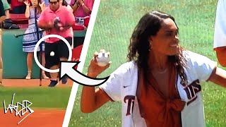 The Bachelorette throws out first pitch and hits photographer in the balls