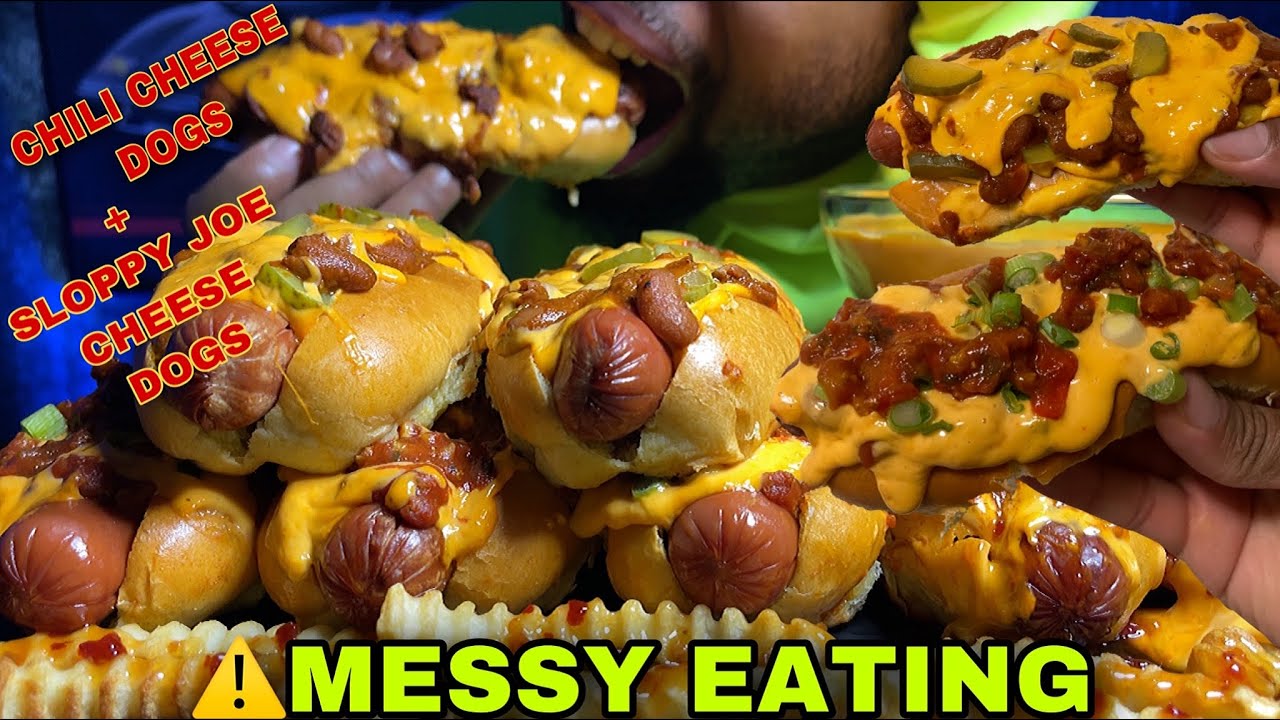 ⚠️EXTREMELY MESSY EATING SPICY CHEESE SAUCE🤤 CHEESY CHILI CHEESE DOGS, CHEESY SLOPPY JOE CHEESE DOG