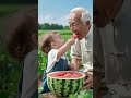 Grandfather And Grandchild Share Joyful Moments Over Watermelon Grandfather And Grandchild Share Joyful Moments Over Watermelon