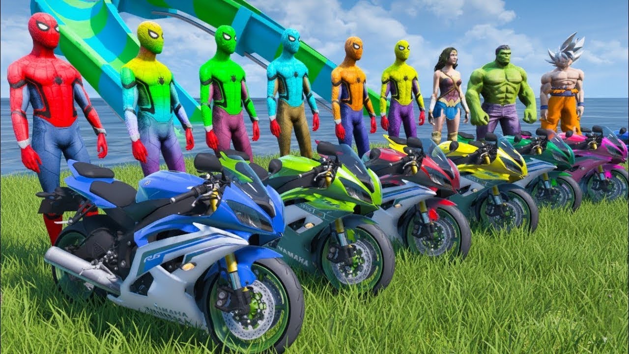 Super Bike and Motorcycle with Spiderman - LICENSE PLATE OBSTACLE RAMP CHALLENGE