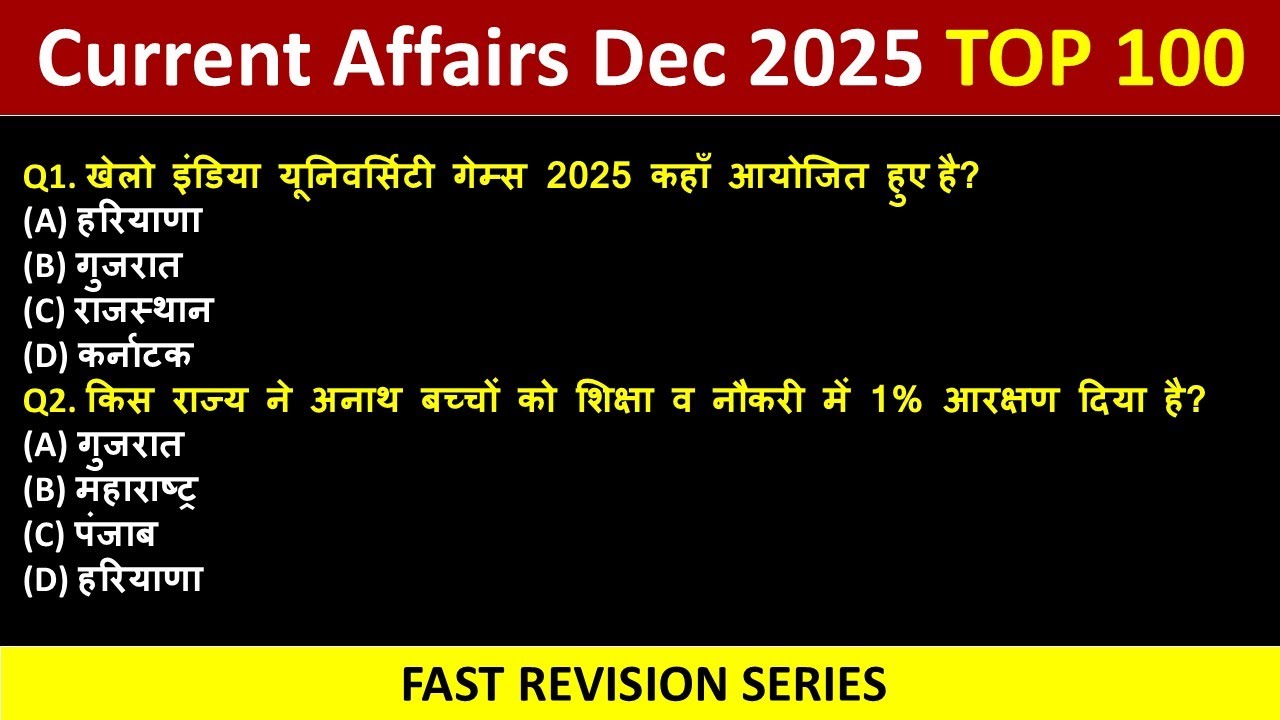 TOP 100 Current Affairs December 2025 l 100 Current Affairs 2025 /SSC ...