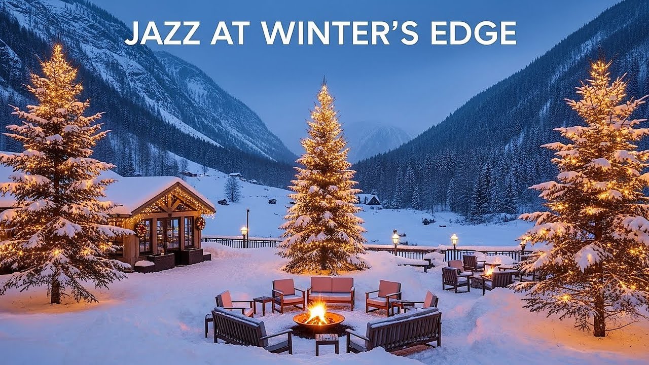 Romantic Christmas Jazz by the Fireplace 🎄 Snowy Hillside Terrace Café Ambience for Magical Winter