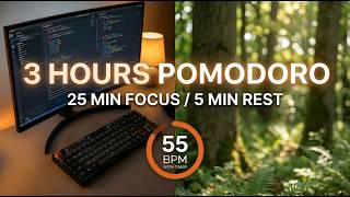 55 BPM Pomodoro Timer (3 Hours) - ADHD Deep Work Music for Programmers | 25/5