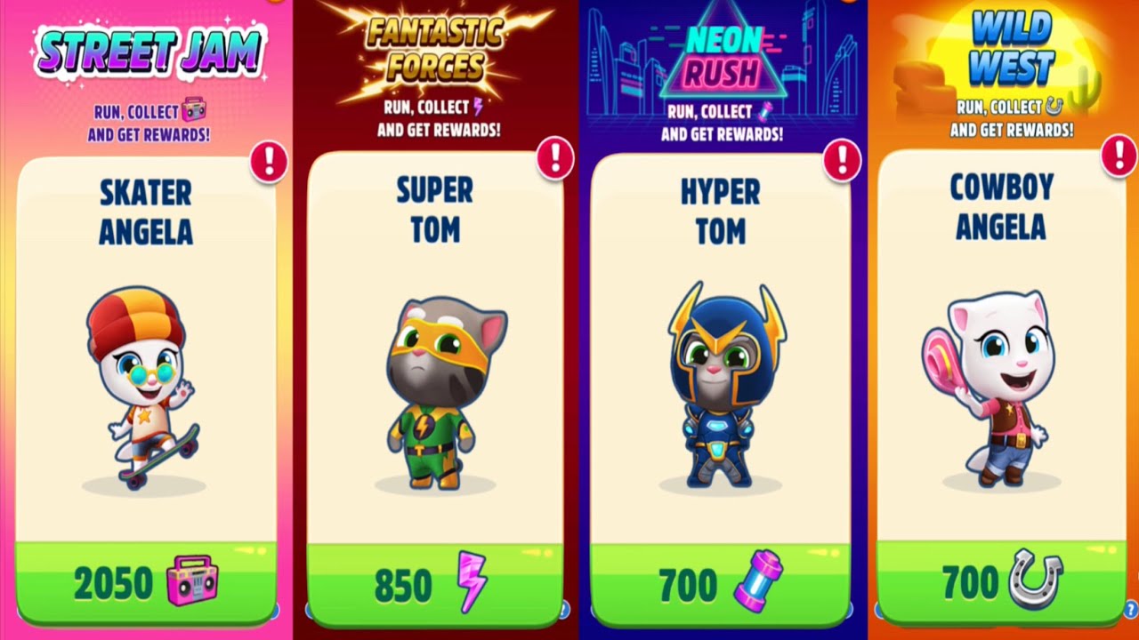 Talking Tom Gold Run - Skater Angela vs Super Tom vs Hyper Tom vs Cowboy Angela