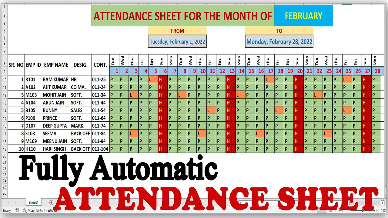 Automatic Attendance Sheet in Excel Hindi || Create Fantastic Fully ...