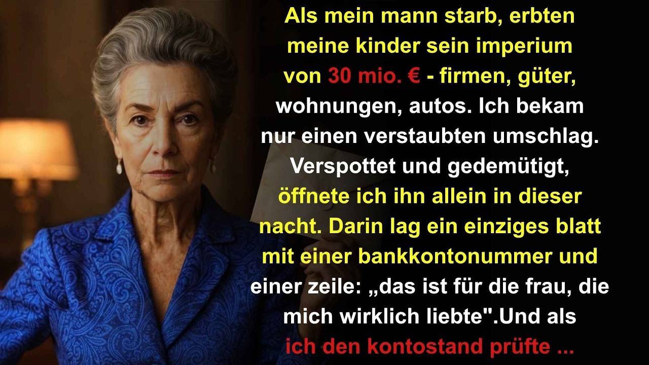 Als das Testament meines Mannes verlesen wurde, teilten sich meine Söhne dreißig Millionen Euro auf – ich bekam einen verstaubten Umschlag. Meine Schwiegertochter lachte: ‚Darin kannst du deine...