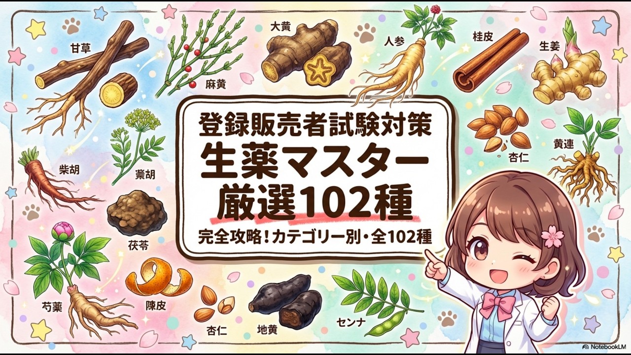 【登録販売者】試験に出る！生薬102種を完全網羅！過去問で超頻出生薬、高頻出生薬、頻出生薬を分けて掲載。手引きの記載を凝縮