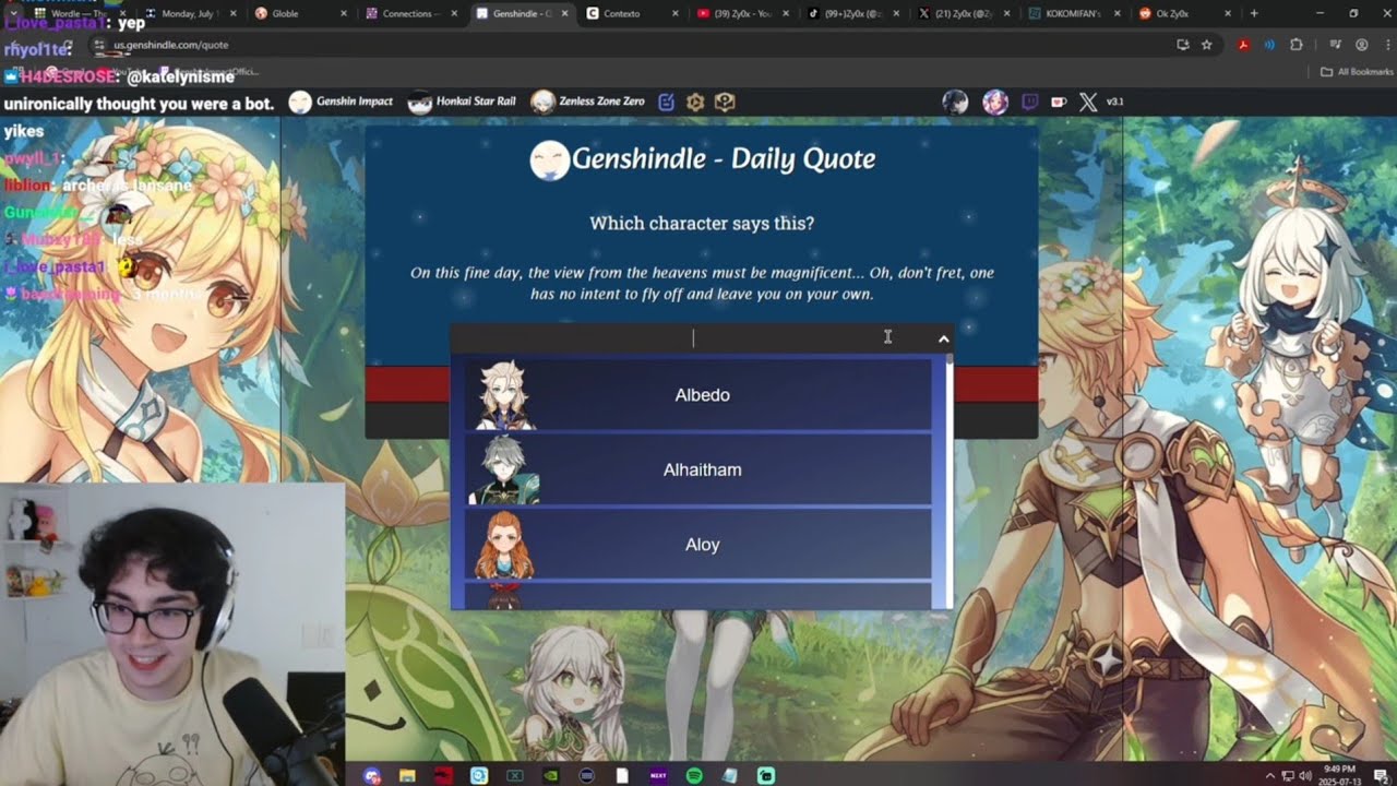 july 13 & 14, 2025 wordle/mini crossword/globle/connections/genshindle/contexto/etc. (ft. zaj)