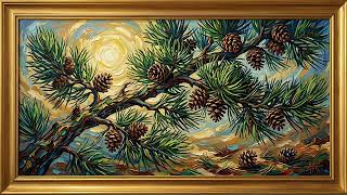 Pine Branch Still Life | Gold Frame TV Art | Nature Forest Painting - 2 Scenes