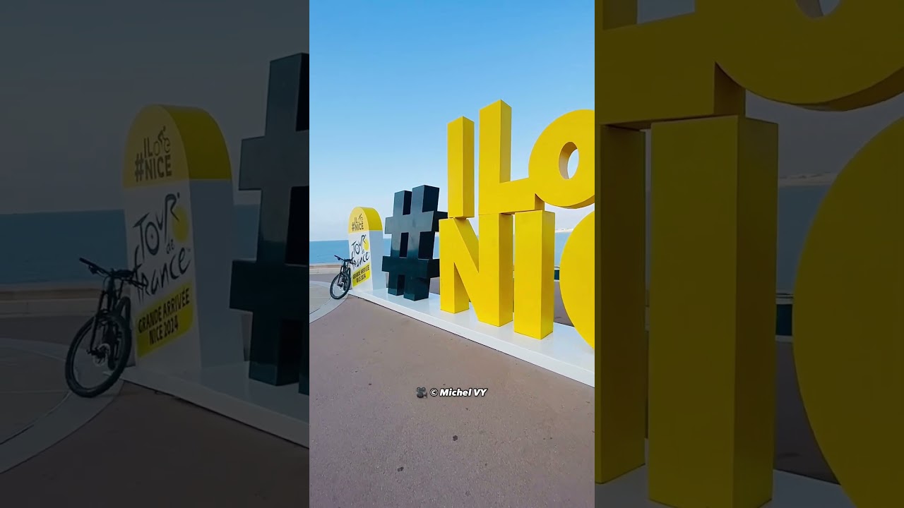 Passage par l’incontournable sculpture hashtag «I love Nice» aux couleurs du Tour de France !