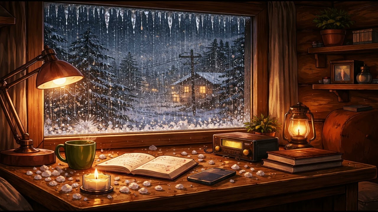 Freezing Rain & Hail Outside a Quiet Cabin  Winter Night Ambience