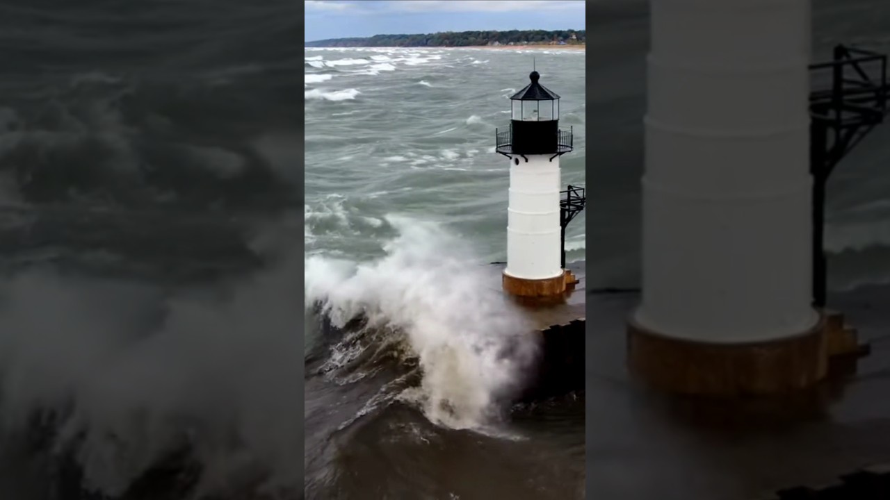 Massive Washing Over St. Joseph Lighthouse Drone Footage 