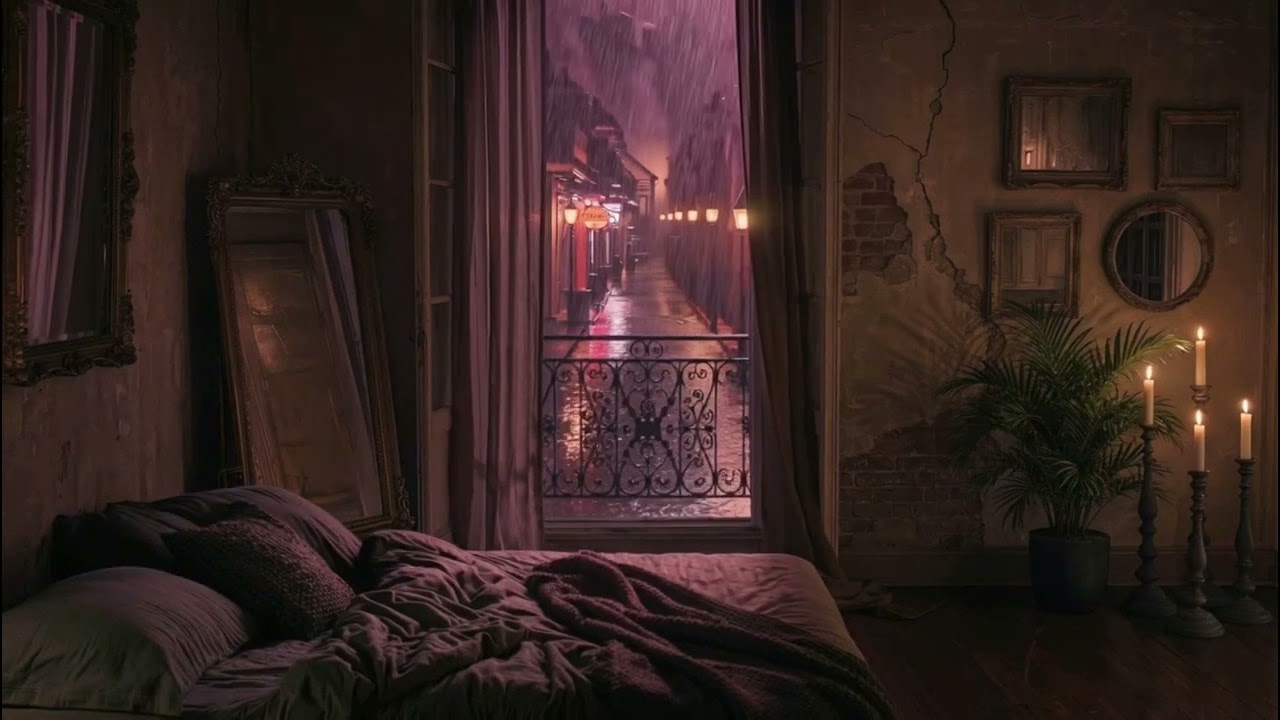 NOLA  Rainy Night Bedroom | Candlelight & Occasional Thunder Ambience | Deep Sleep No Ads (7 Hours)