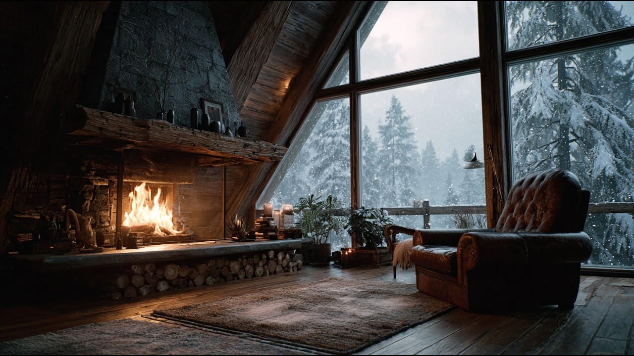Cozy Nordic Cabin with Roaring Fireplace Sounds | 1 Hour Sleep Ambience | 4K ASMR | Quiet Jazz