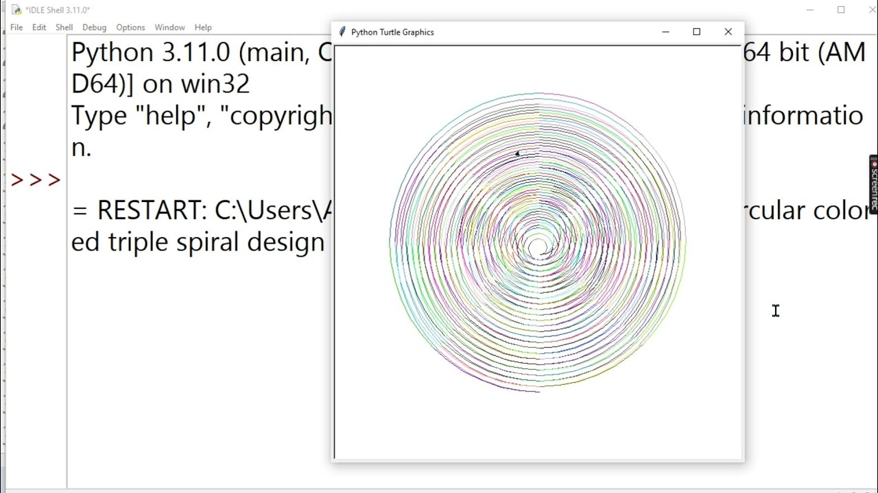 Circular Colored Triple Spiral Design Using 🤯 Turtle 😈😈