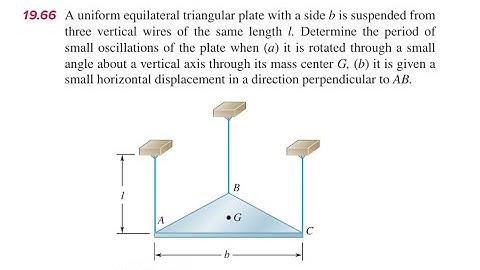 A uniform equilateral triangular plate with a side is suspended from three vertical wires of the sa