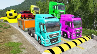 Double Flatbed Trailer Truck vs Speedbumps Train vs Cars | Tractor vs Train Beamng.Drive 0004