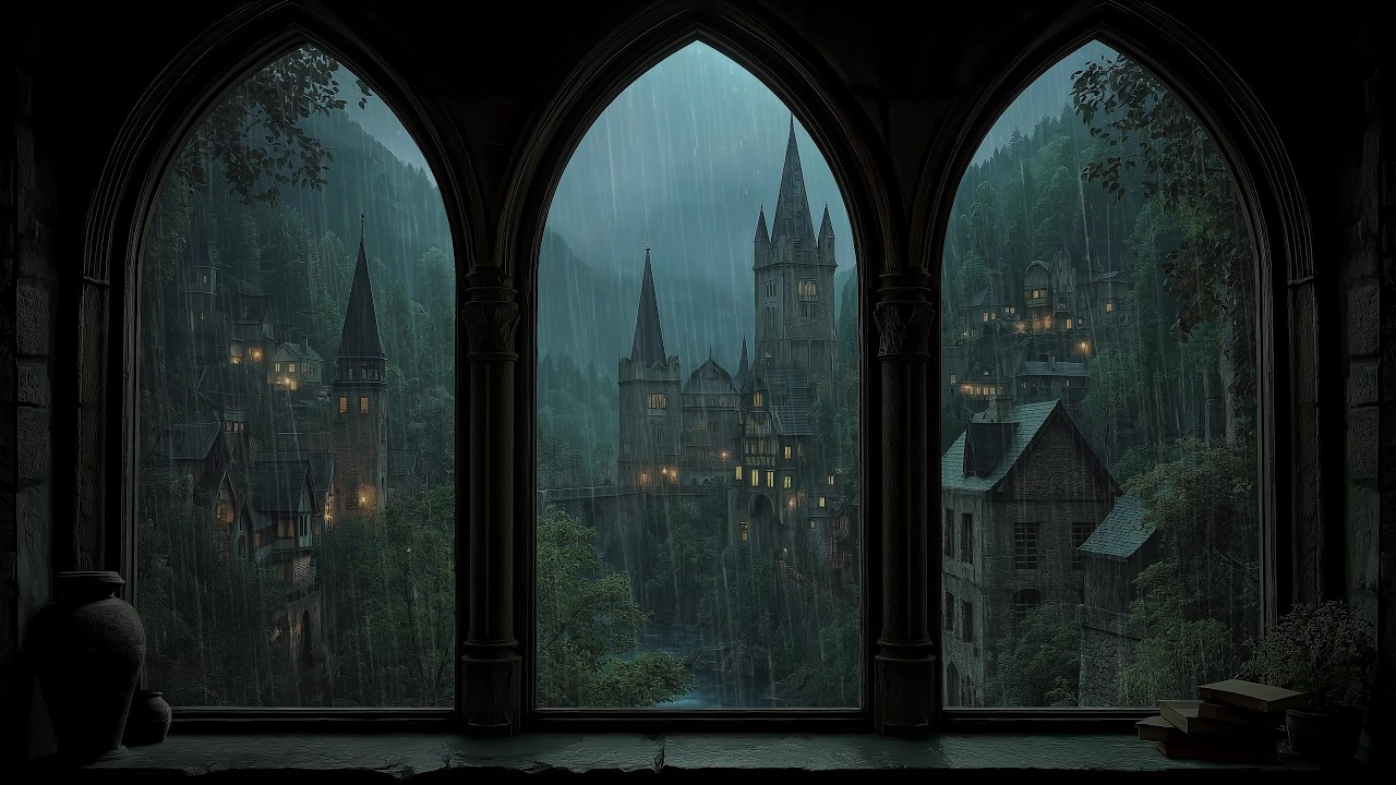 Window View with Rainy in Medieval Castle - Insomnia, Sleep, Study, Meditation, Tinnitus
