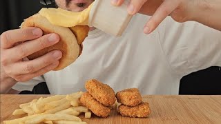 ASMR CHICKEN BURGER NUGGETS AND FRIES WITH CHEESE SAUCE - EATING SOUNDS (NO TALKING)