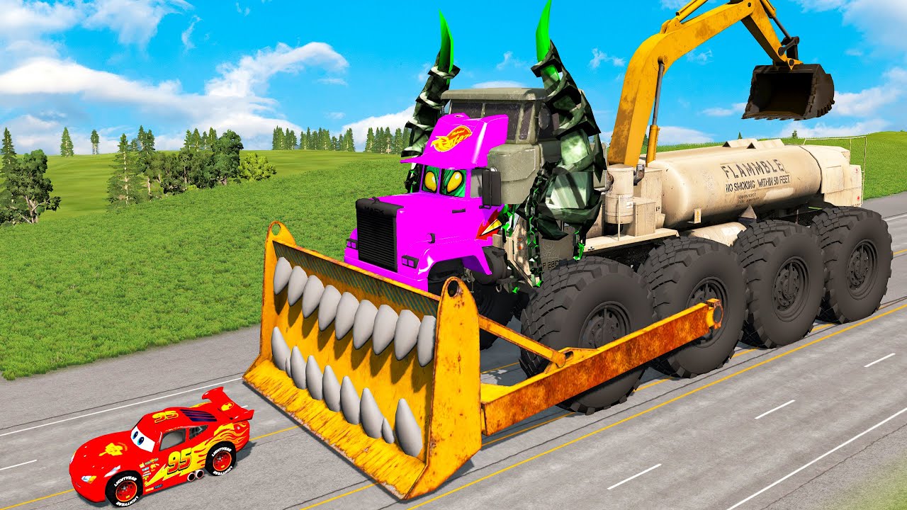 Giant CRUSHER DOZER Mack Truck Eater VS Cars Lightning McQueen Escape Monster Beamng Drive