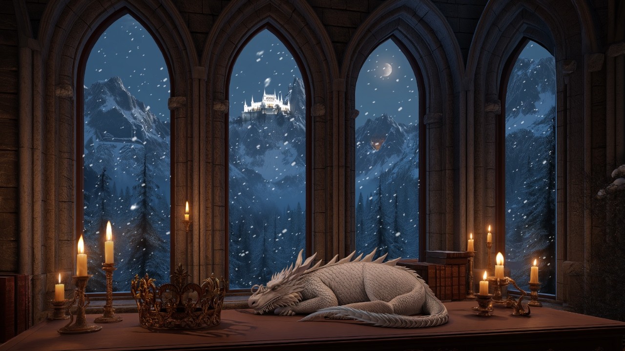 Medieval Castle Window View ❄ Calm Snow & Night Wind Ambience for Sleep, Study & Deep Relaxation