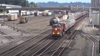 BNSF # 6299 snakes grain train thru yard Switches @ Vancouver, WA 6/2016
