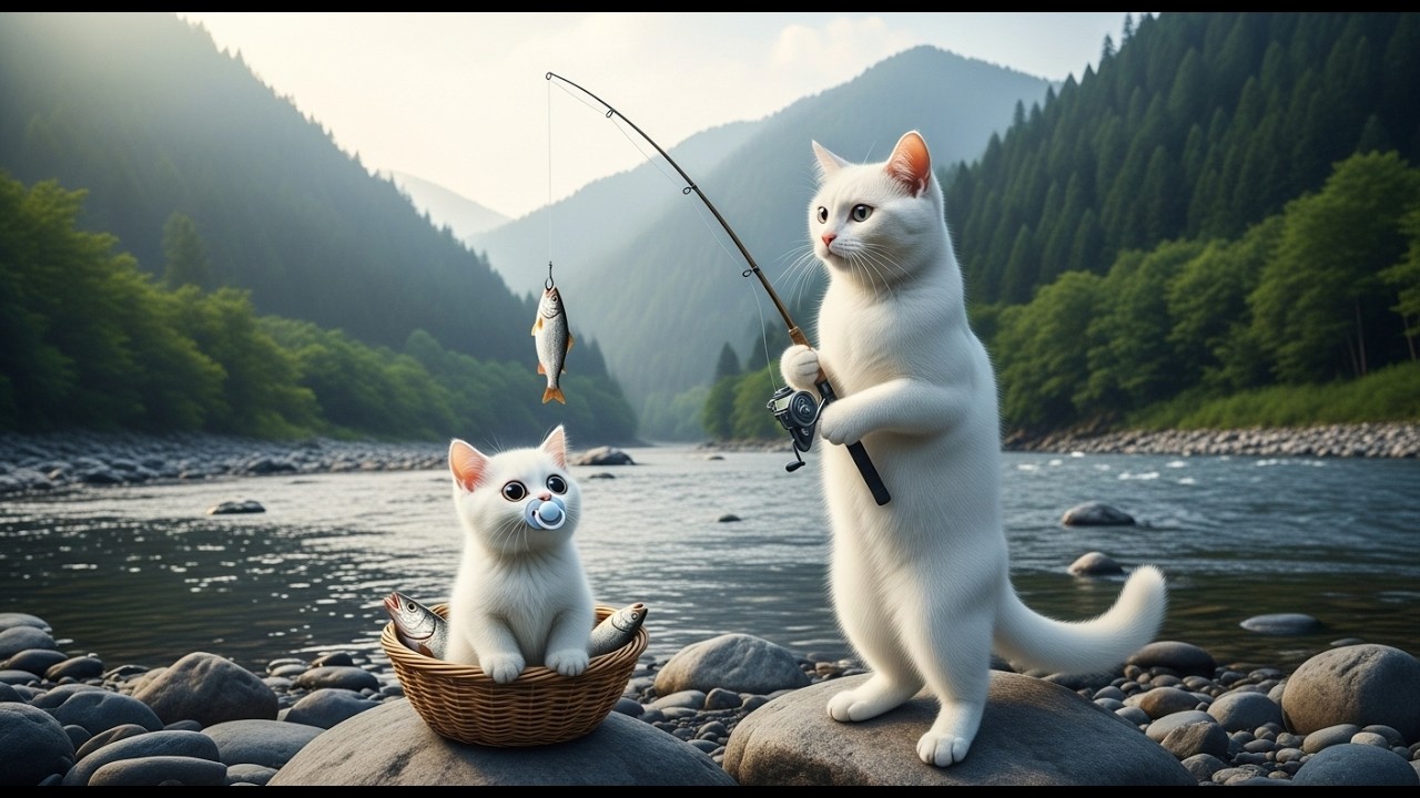 Mama Cat Goes Fishing ! Heads Home to Cook Fish for Her Kitten 🐾🍲 