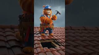 Father cat who is repairing the roof of the house which is leaking due to heavy rain