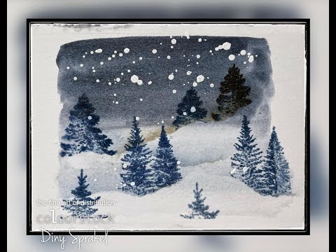 Live: Winterlandschap met kerstboomstempels en Daniel Smith watercolour