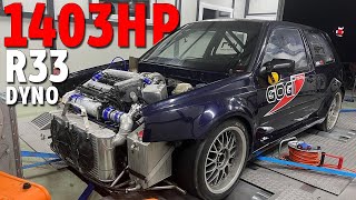 1403 HP BRUTAL GOLF MK3 A59 R33 TURBO DYNO @ GOGI RACING RS