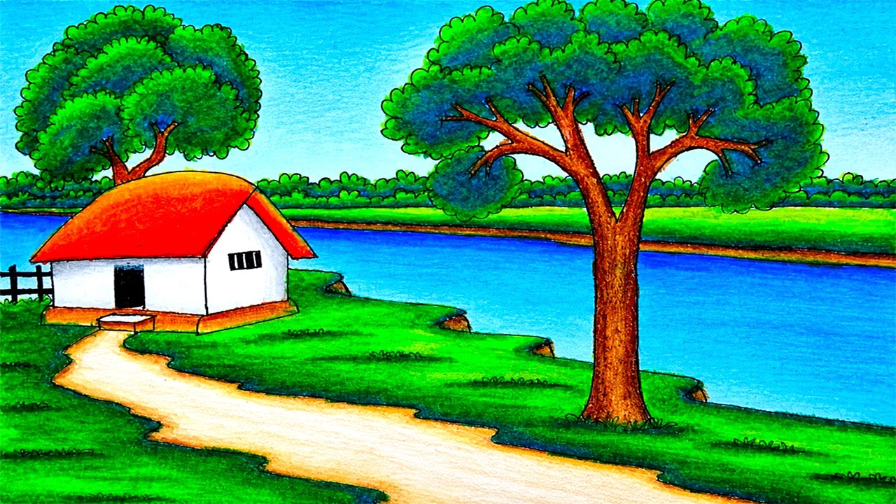 How to Draw River Beautiful Village Scenery Drawing | Easy Riverside ...