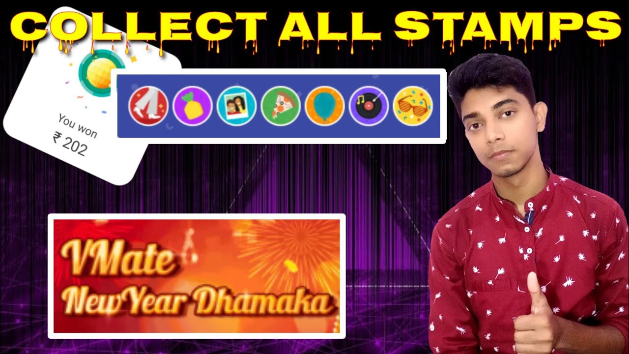 VMate New Year Dhamaka, Collect All Stamps, ₹100 Paytm Cash Garrented, Amazon Account ₹185 Cashback
