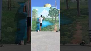 landscape painting on a big wall ❗😱 | #shorts #art #trending