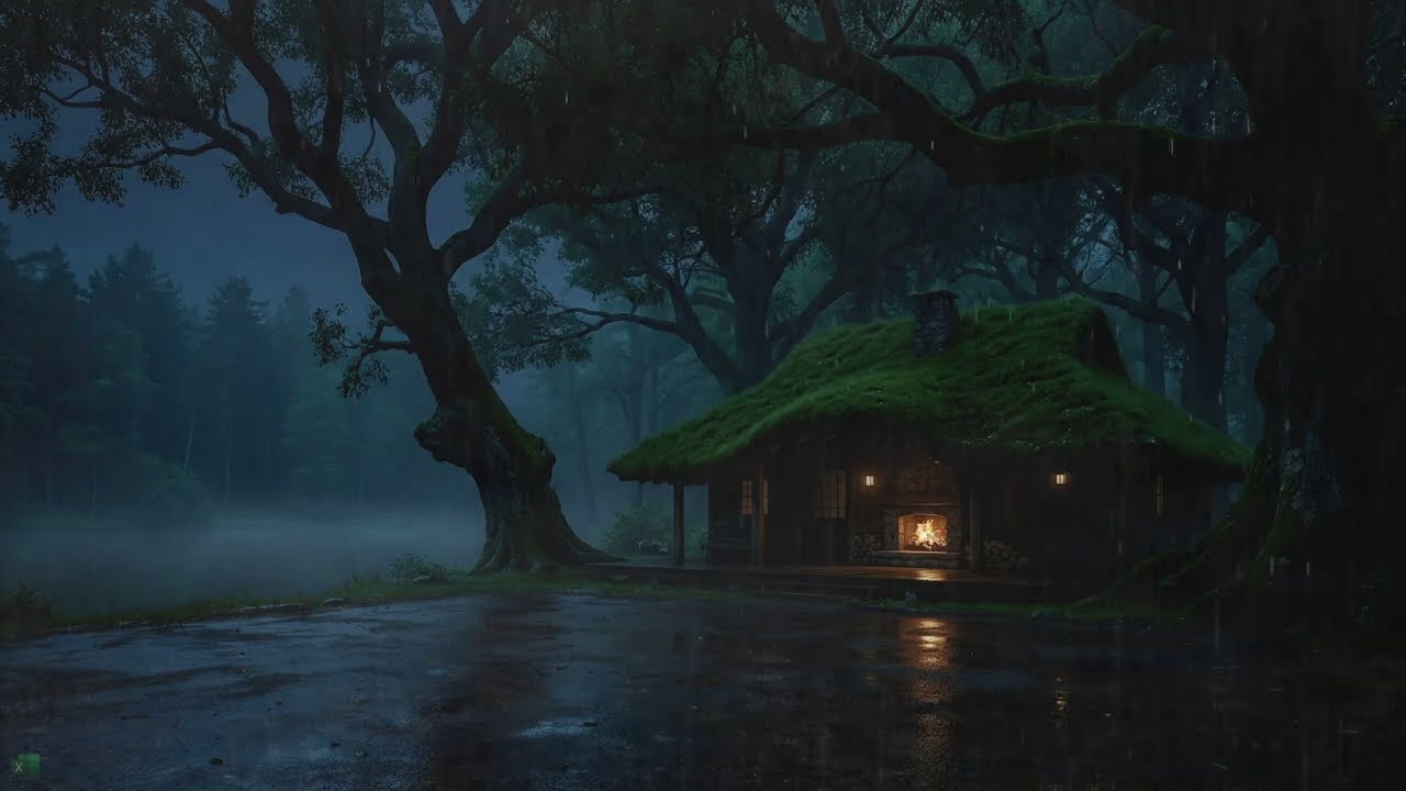 Relaxing Rain Sounds At Forest Lake House With Fireplace On A Misty Blue Night