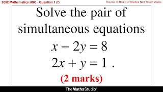 2002 Maths 2u HSC Q1f Solve pair of linear simultaneous equations using elimination method