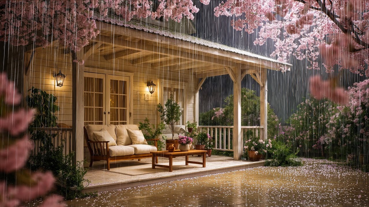 Night Porch with Rain and Cherry Blossoms | Relaxing Rain ASMR Sound ...