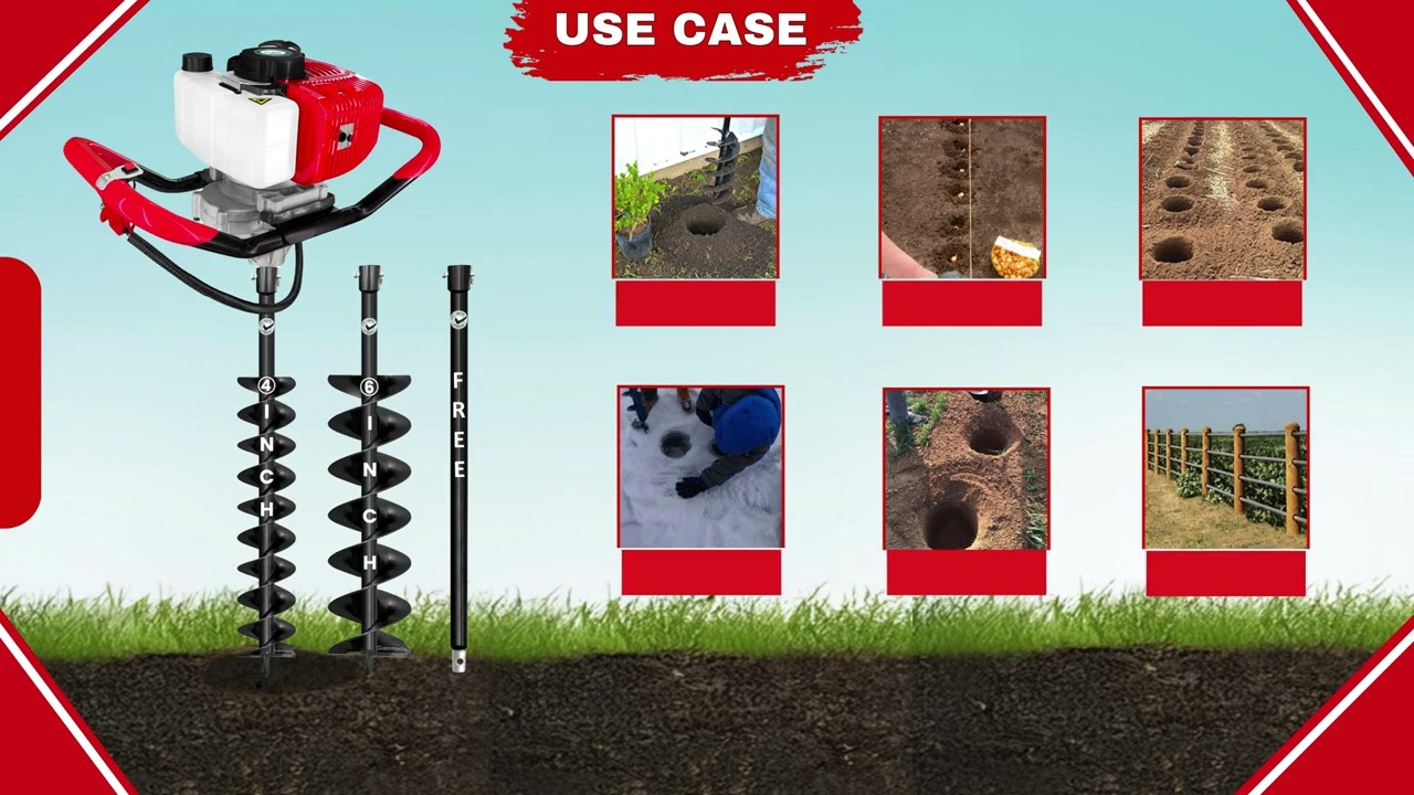 DVI 52cc Earth Auger with 2 Stroke Petrol Engine with 4 Inch + 6 Inch Double Spiral Bit, for Digging