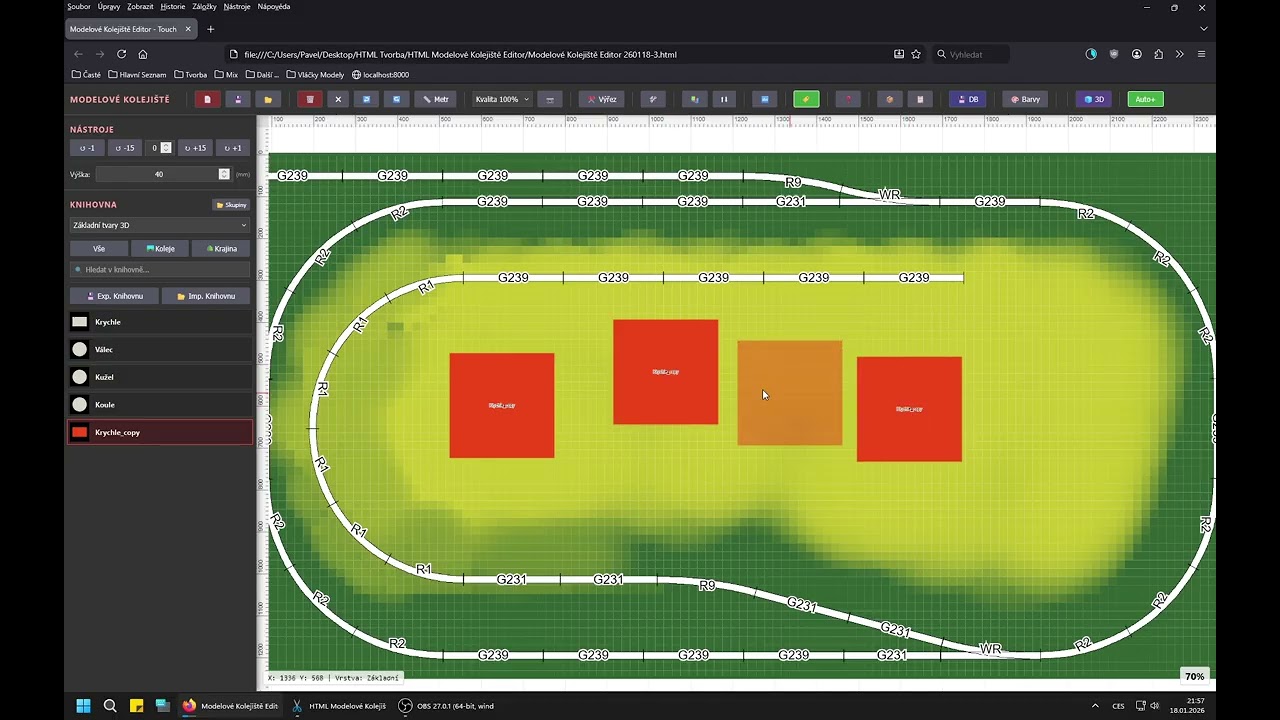 Modelové Kolejiště Editor Verze 260118-3 (Ukázka stavby tratí, tvarování krajny a 3d objekty .obj)