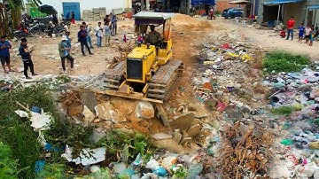 Nicely Action!! Filling Land, Garbage Dump & Clear and Delete Trash​ Into Deep Pond​ By Dozer Skills