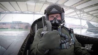 KSAT meteorologist Adam Caskey gets a ride on an F-16