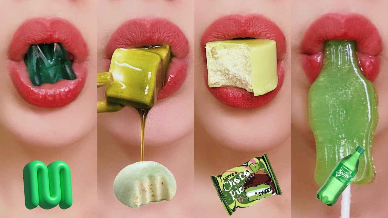 asmr GREEN FOODS EMOJI FOOD CHALLENGE 🥗🫒🔫 초록 디저트 먹방 eating sounds 