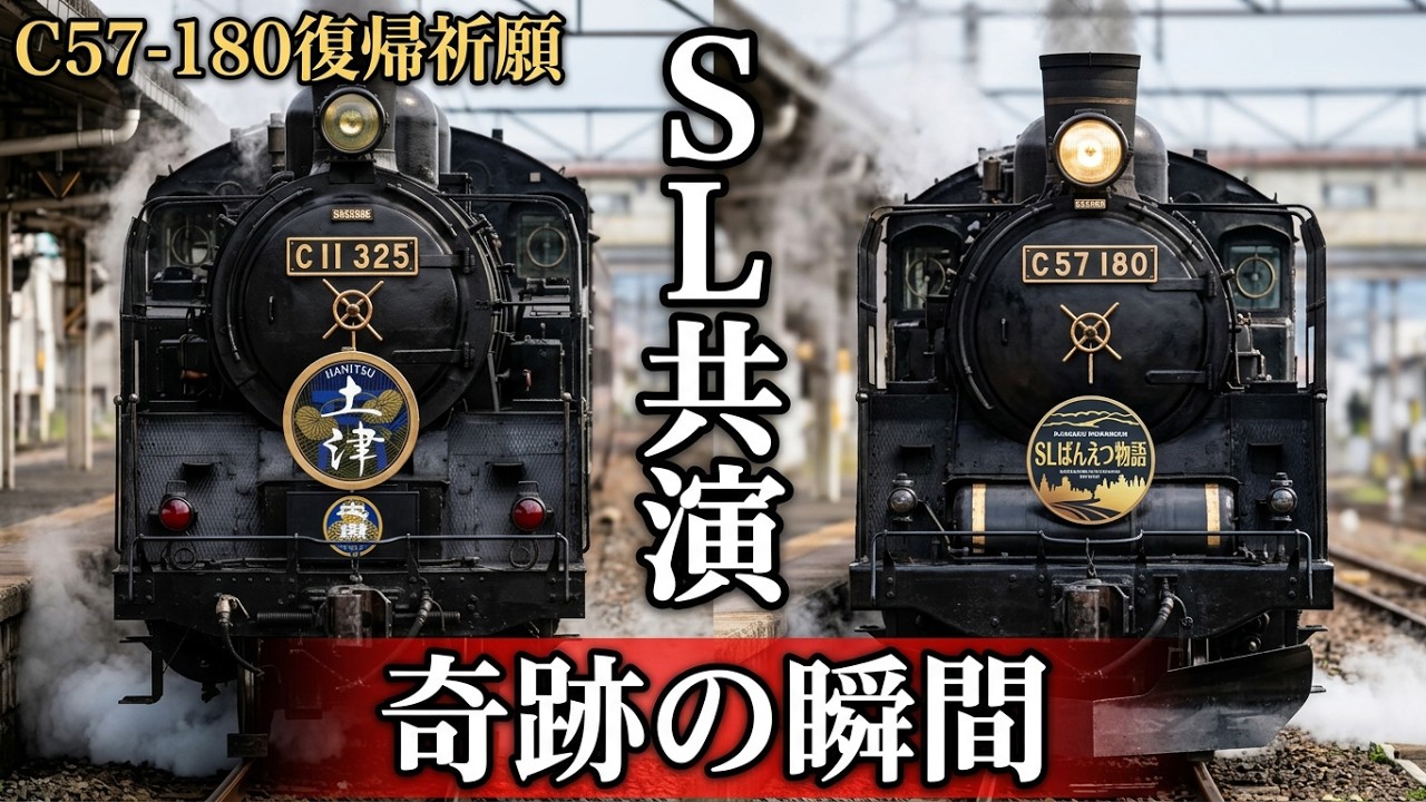 奇跡】会津若松駅でSL大樹とばんえつ物語が夢の共演！祝・C57 180