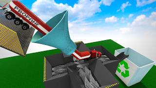 The Car Falling Down The Stairs Falls Into The Giant Recycle Bin Through Shredder Factory Teardown