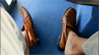 Cole Haan Tan Venetian Loafers, No Socks, on the Bus