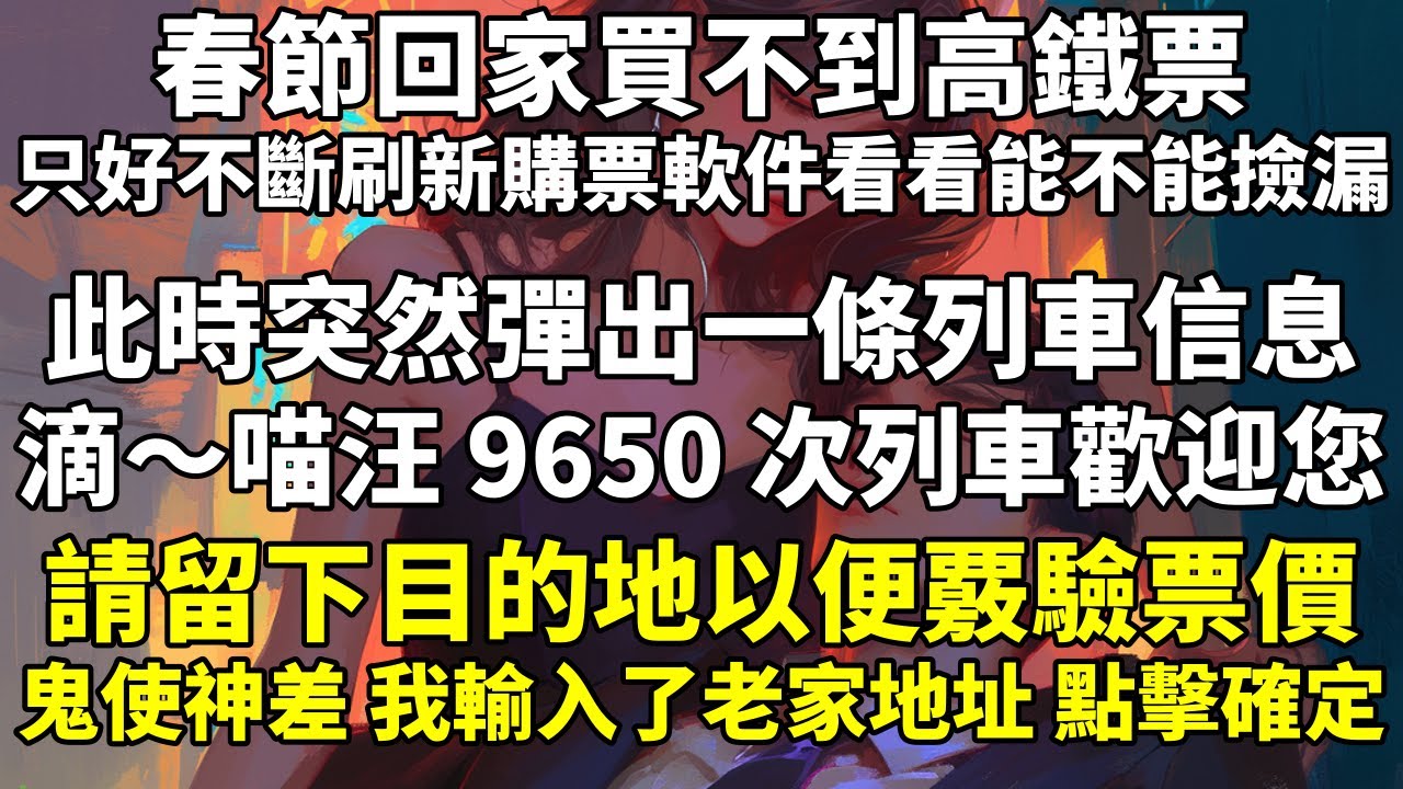 春節回家買不到高鐵票。只好不斷刷新購票軟件，看看能不能撿漏。此時，突然彈出一條列車信息。【滴～喵汪 9650 次列車歡迎您！【請留下目的地，以便覈驗票價。】