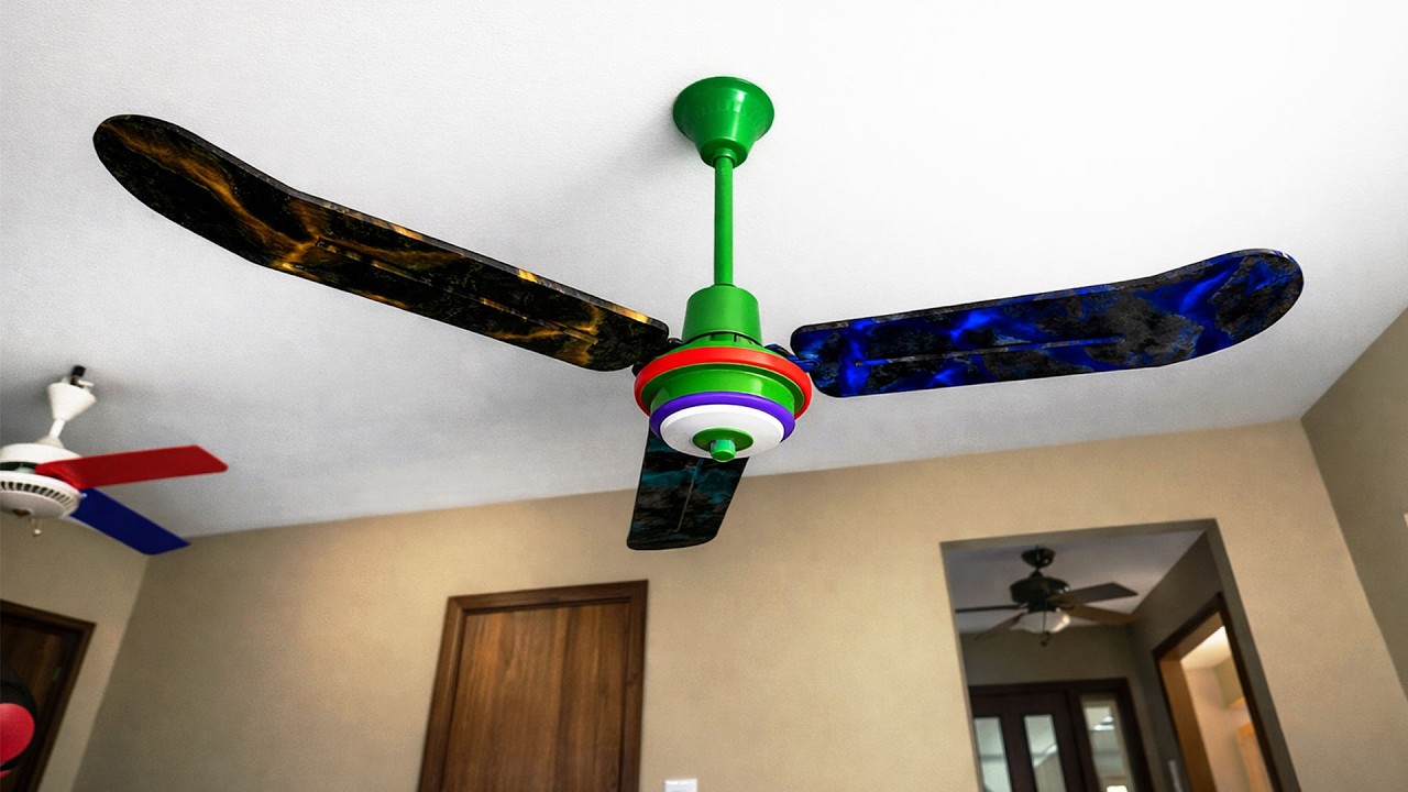 Неустойчивый потолочный вентилятор синего и фиолетового цвета в роскошном доме!