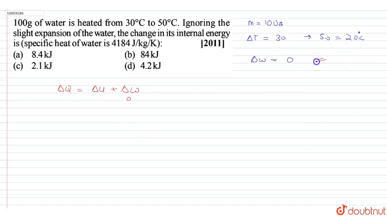 100g of water is heated from `30^C to 50^C`. Ignoring the slight